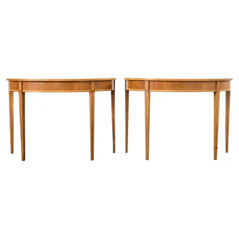 Pair of Demilune Console Tables with Marquetry Inlay