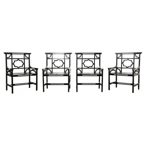 Set of Four Chinese Chippendale Style English Iron Garden Chairs