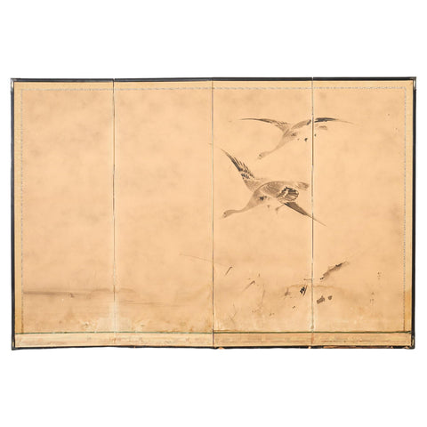 Japanese Meiji Four Panel Screen Wild Geese Over Reeds