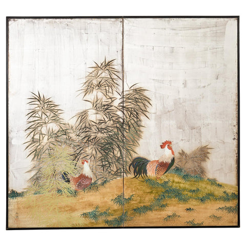 Japanese Taisho Two Panel Screen Rooster and Hen by Kocho
