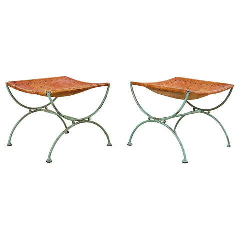 Pair of Spanish Style Iron Leather Curule Stool Benches