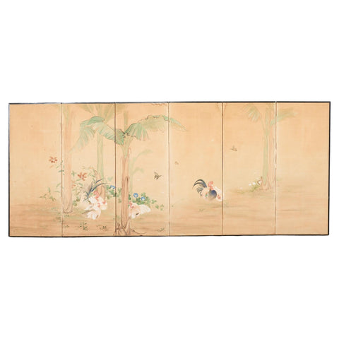 Japanese Taisho Six Panel Screen Roosters and Hens