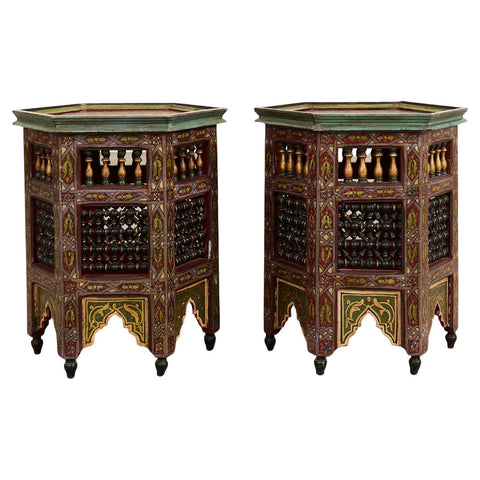 Pair of Moorish Middle Eastern Hexagonal Polychrome Drink Tables