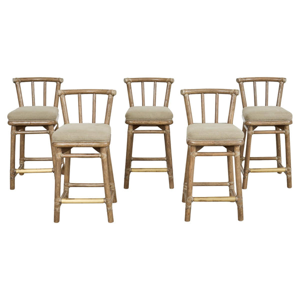 Set of Five McGuire Cerused Rattan Counter Height Barstools