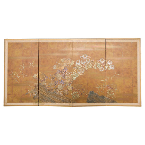 Japanese Showa Four Panel Screen Gilt Moriage Flowers