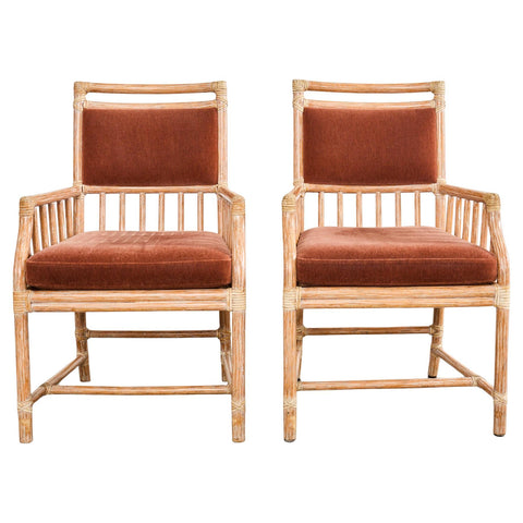 Pair of McGuire Cerused Rattan Mohair Library Armchairs