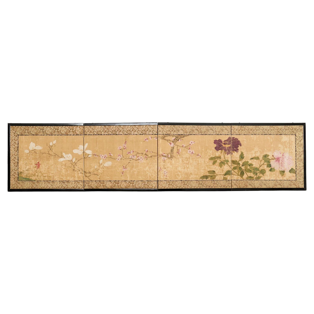 Japanese Edo Four Panel Screen Flowering Peony Prunus Magnolia