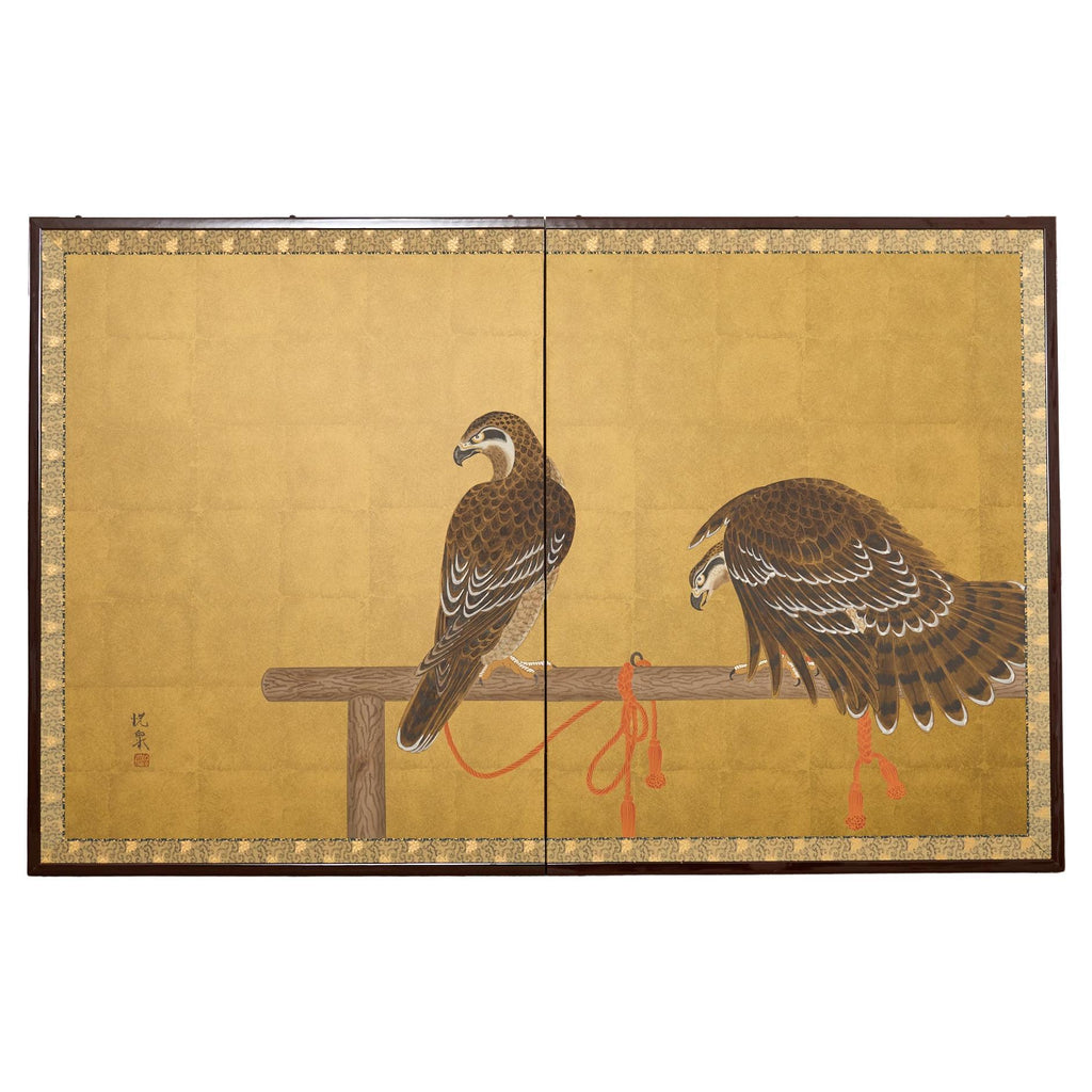 Japanese Showa Two Panel Screen Pair of Tethered Hawks