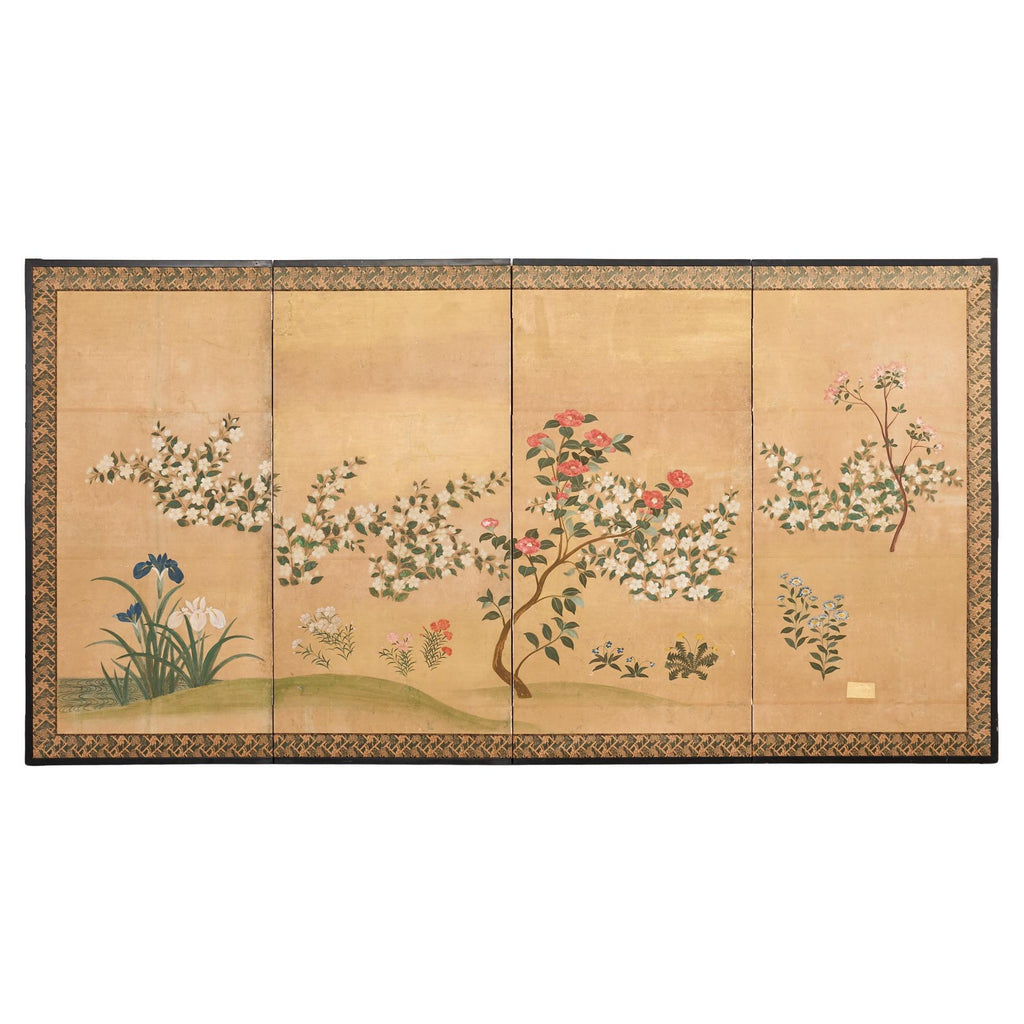 Japanese Showa Four Panel Screen Spring Flowers on Gilt