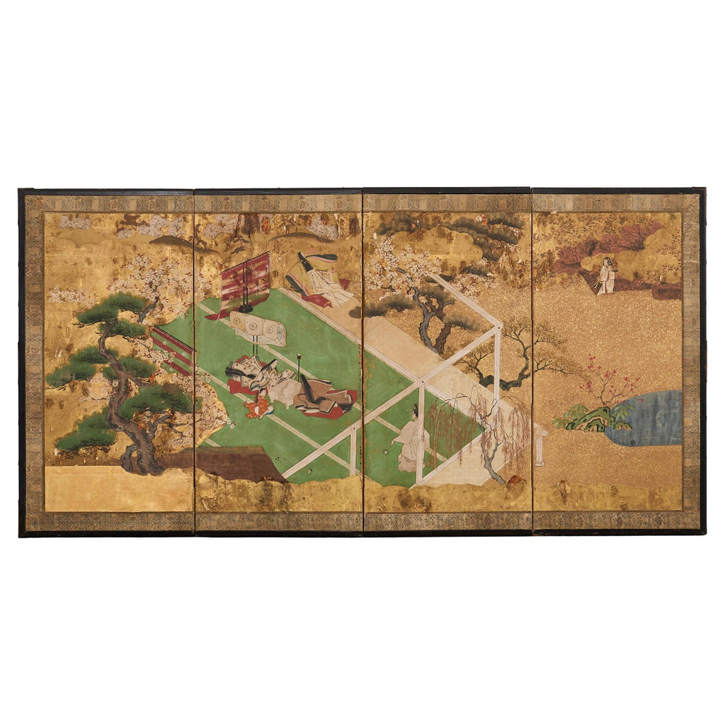 Weathered Japanese Meiji Four Panel Screen Tale of Genji