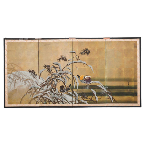 Japanese Showa Four Panel Screen Mandarin Ducks in Snow