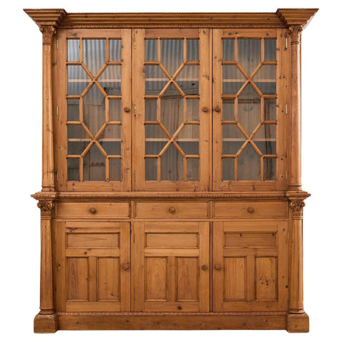 French Pine Astral Glazed Bookcase Cabinet with Column Supports