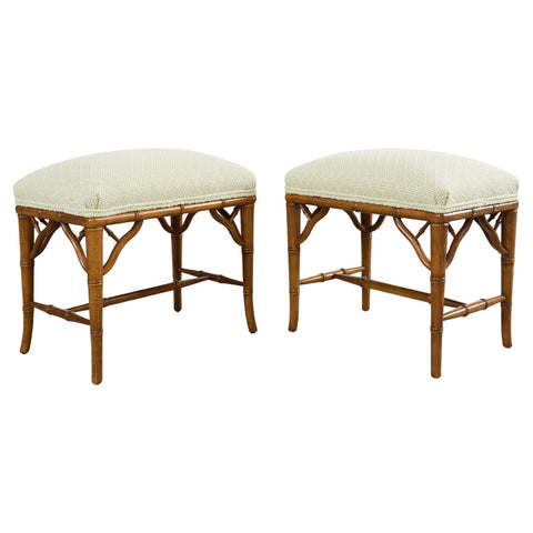 Pair of Chinese Chippendale Faux Bamboo Benches with Scalamandre