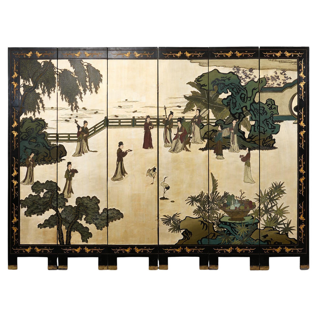 Chinese Export Six Panel Coromandel Screen Gilt Courtyard
