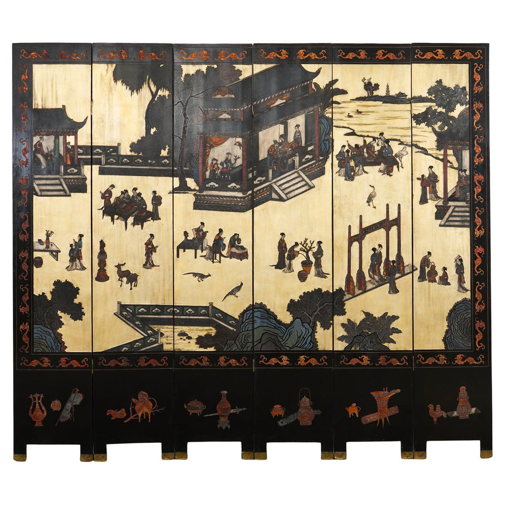 Chinese Export Six Panel Coromandel Screen Gilt Courtyard