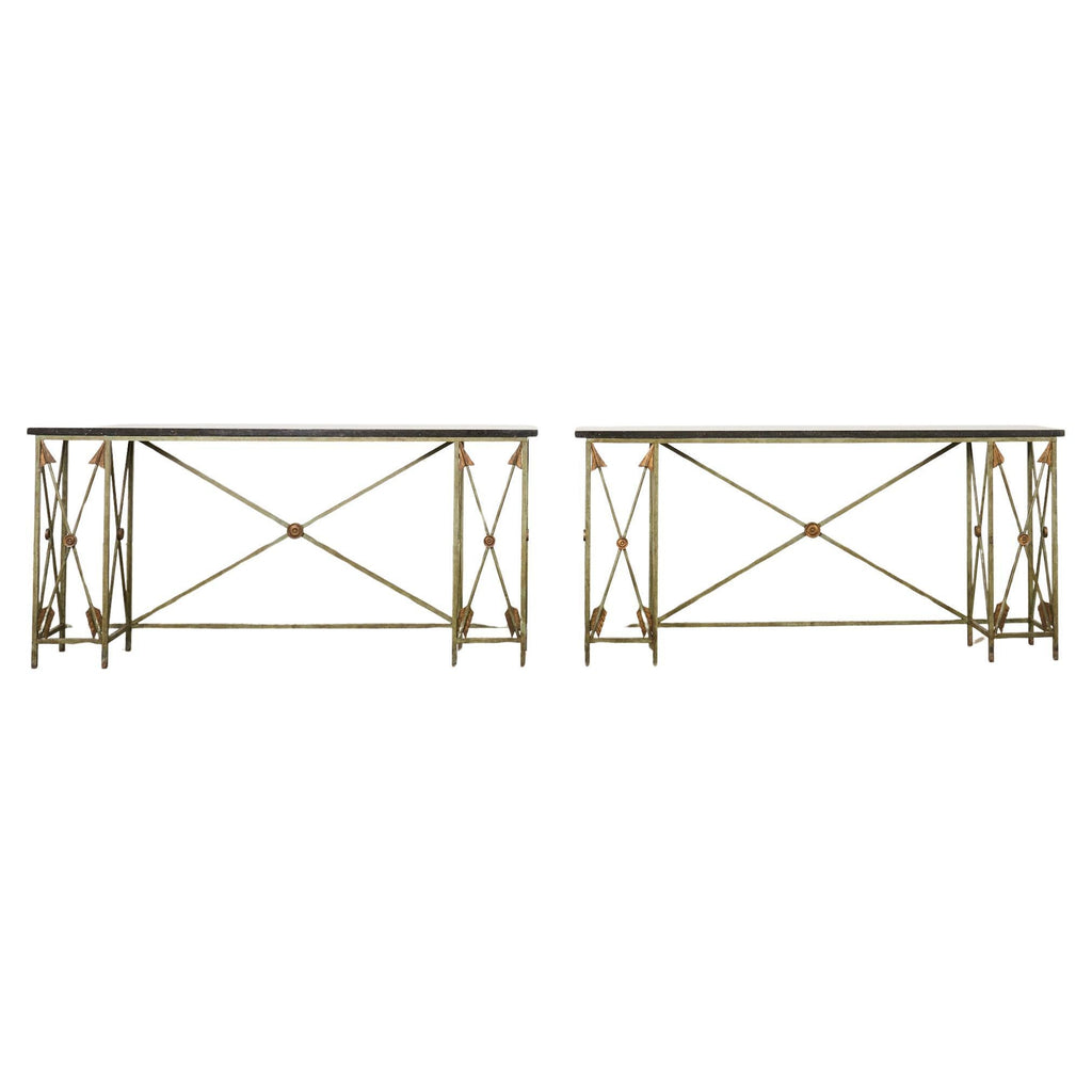 Pair of Maison Jansen Style Neoclassical Iron Granite Consoles