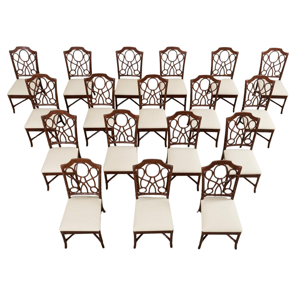 Set of Eighteen Organic Modern Rattan Leather Dining Chairs