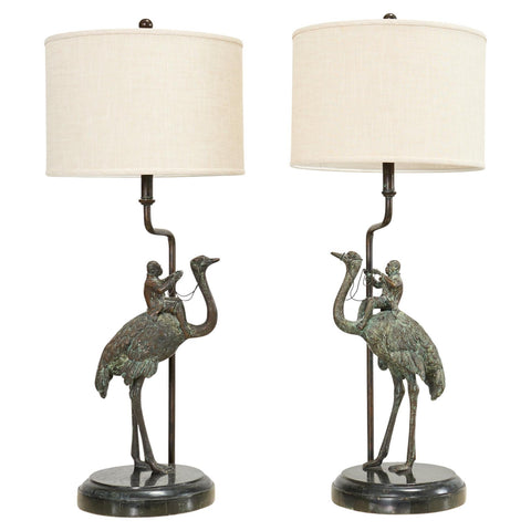 Pair of Maitland-Smith Bronze Monkey Ostrich Table Lamps