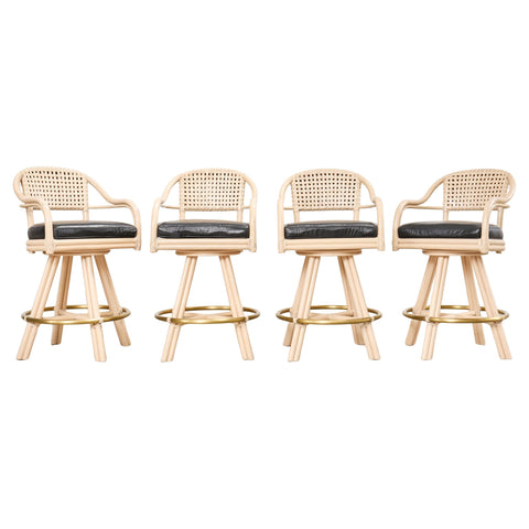 Set of Four McGuire Rattan Leather Swivel Bar Stools