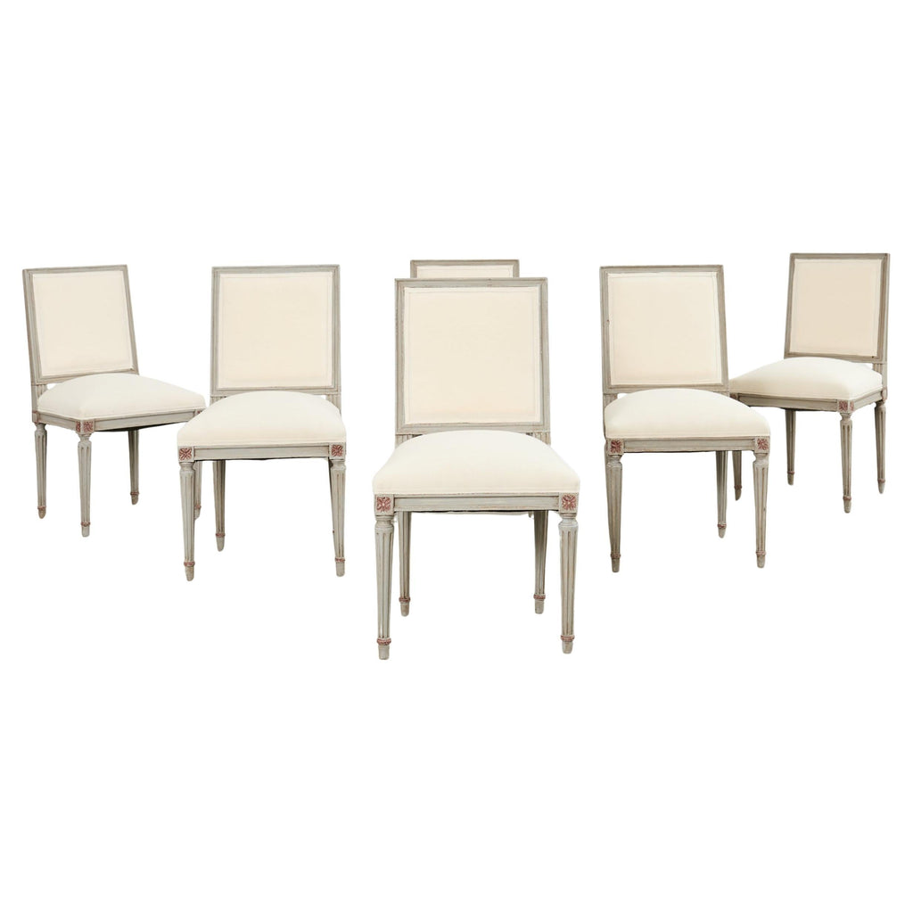 Set of Six Louis XVI Style Square Back Painted Dining Chairs