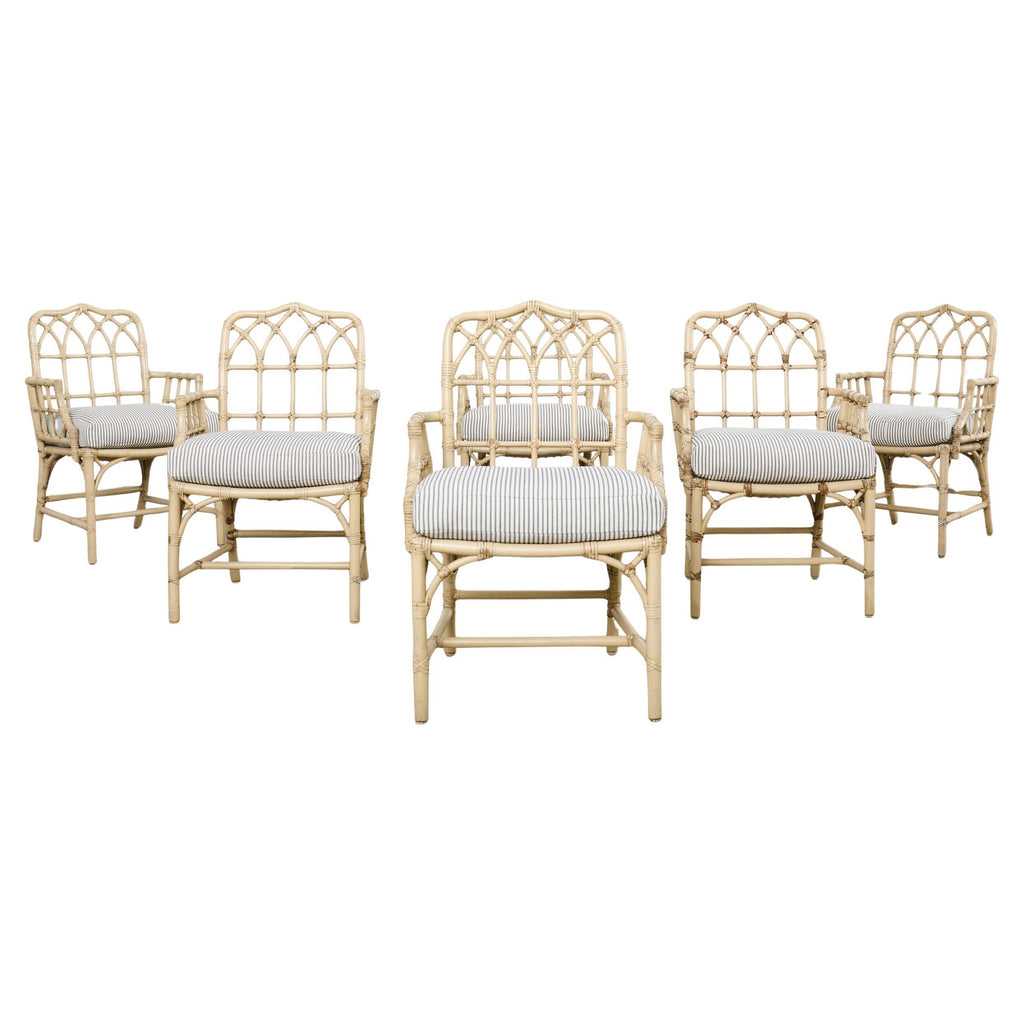 Set of Six McGuire Rattan Cathedral Back Rattan Dining Chairs