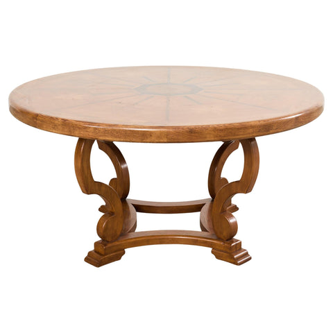 Country Italian Round Oak Dining Table with Parquetry Top