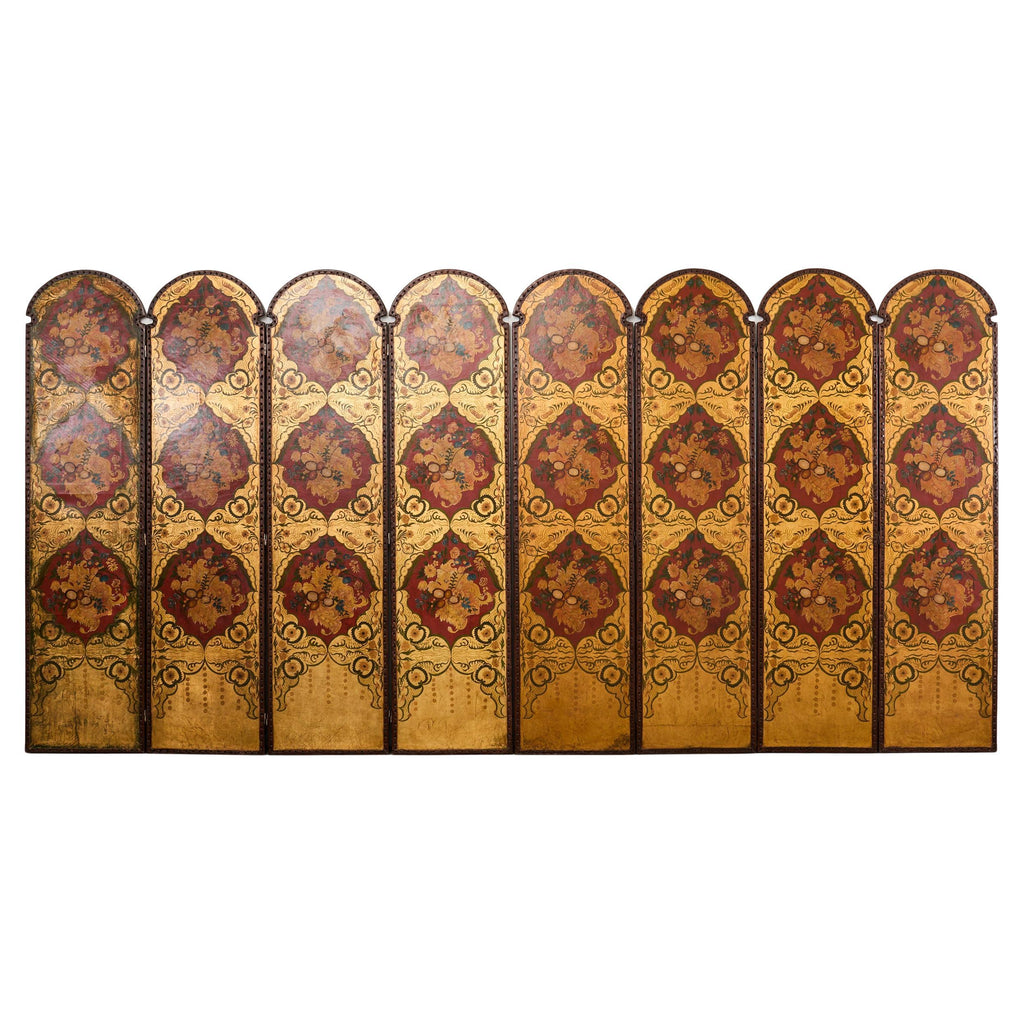 Spanish Colonial Baroque Style Painted Leather Eight Panel Screen