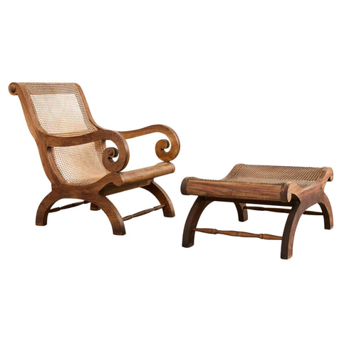 British Colonial Style Plantation Lounge Chair with Ottoman