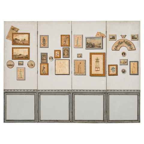 Mid-century French Trompe l'oeil Decoupage Folding Screen