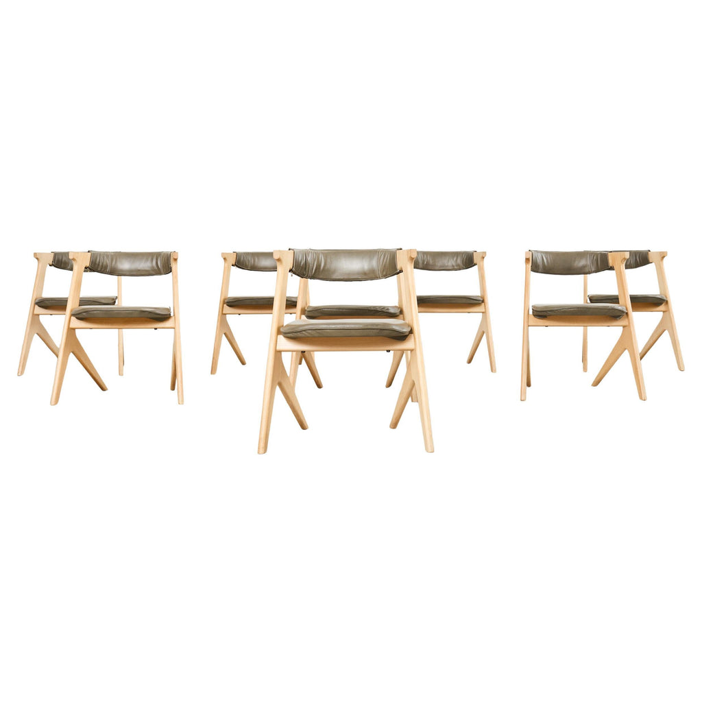Set of Eight Tom Dixon Oak Leather Slab Dining Chairs