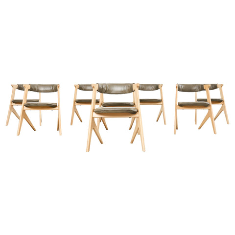 Set of Eight Tom Dixon Oak Leather Slab Dining Chairs
