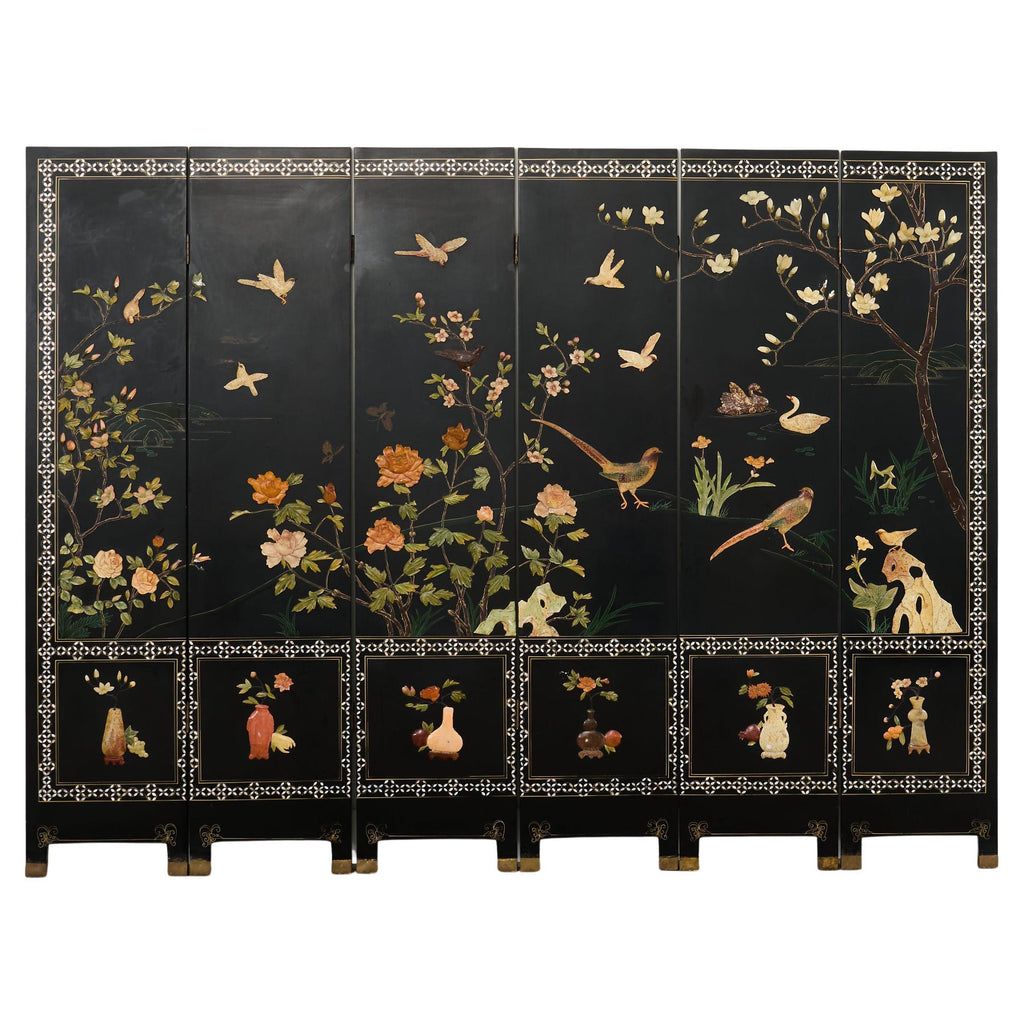 Chinese Six Panel Carved Soapstone Coromandel Lacquer Screen