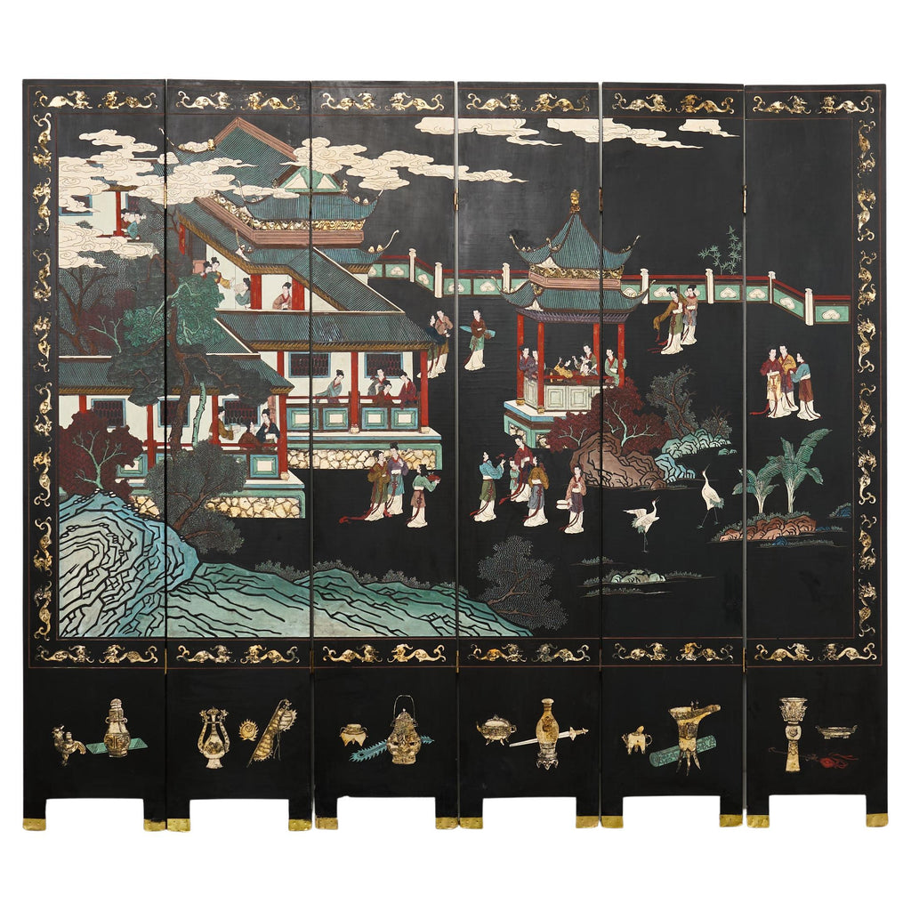 Chinese Export Six Panel Lacquered Coromandel Screen Courtyard