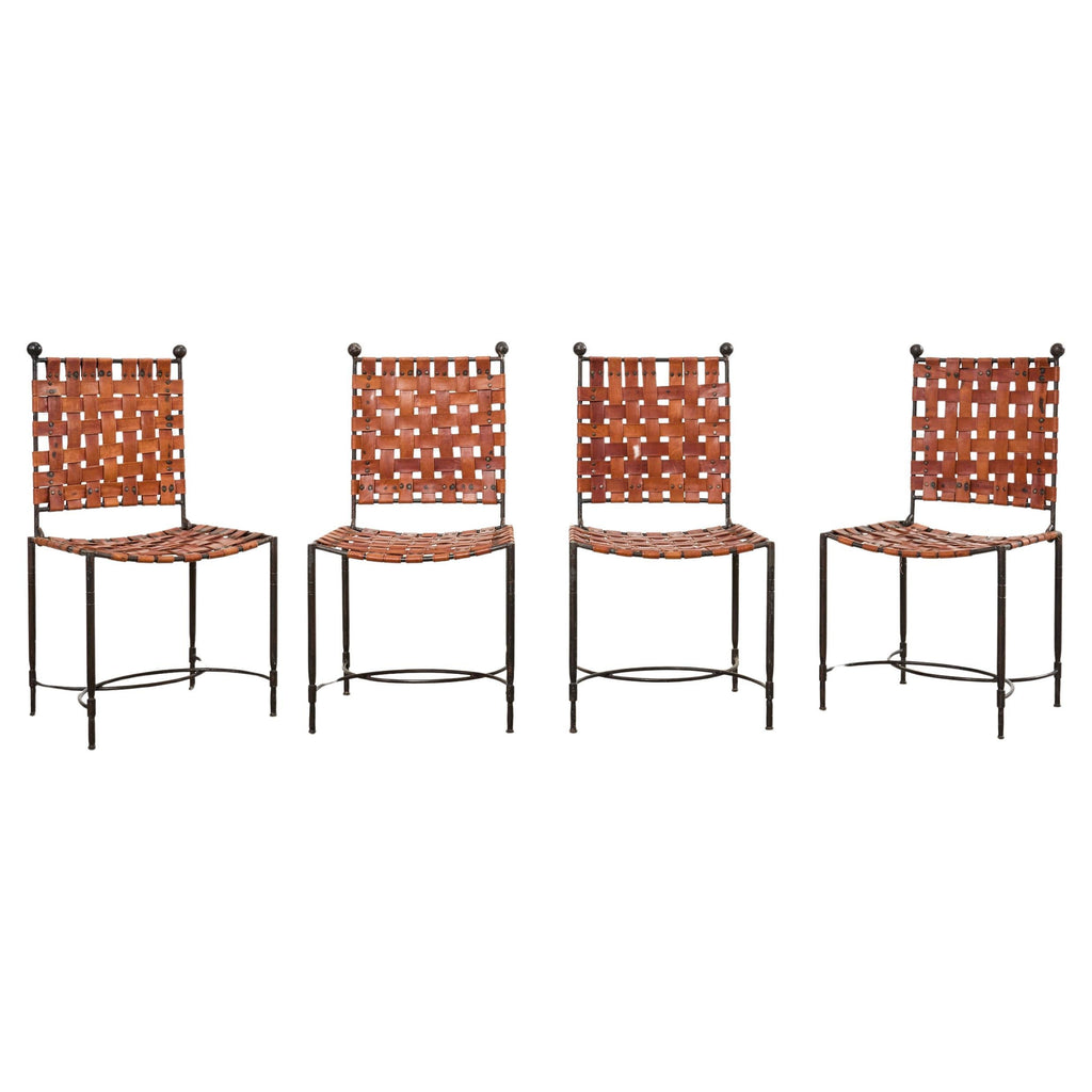 Set of Four Mario Papperzini Iron Leather Strap Dining Chairs