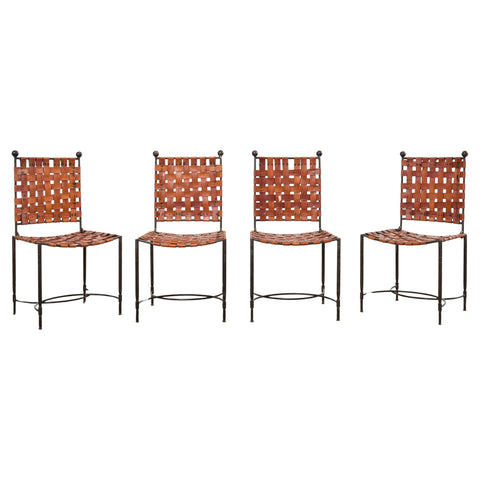 Set of Four Mario Papperzini Iron Leather Strap Dining Chairs