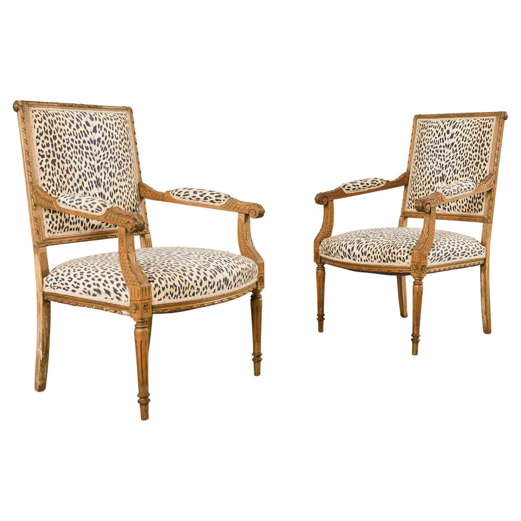 Pair of French Louis XVI Style Carved Beech Armchairs