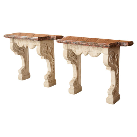 Pair of Dennis and Leen Hadrian Stone Marble Top Wall Consoles