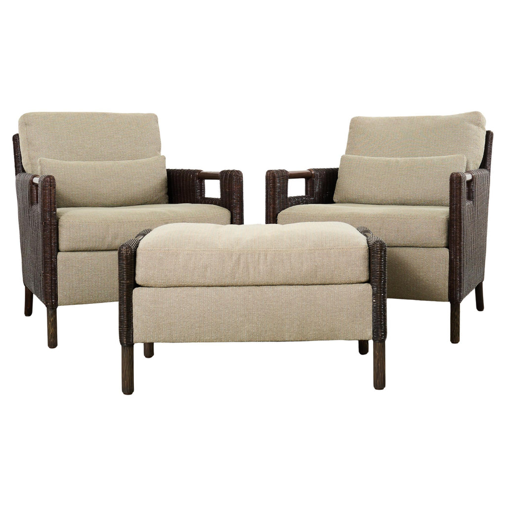 Pair Thomas Pheasant McGuire Rattan Lounge Chairs + Ottoman