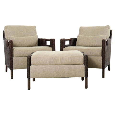 Pair Thomas Pheasant McGuire Rattan Lounge Chairs + Ottoman