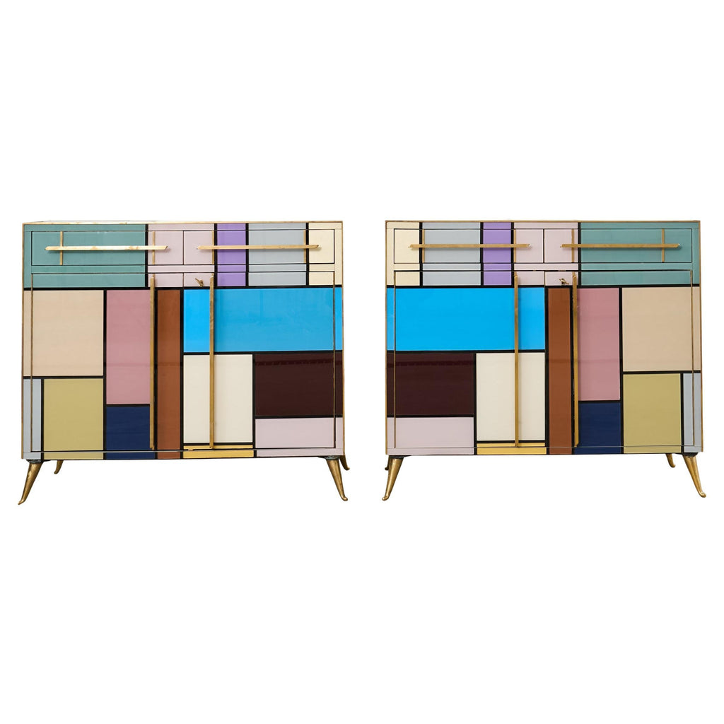 Pair Italian Midcentury Mondrian Style Glass Brass Cabinets