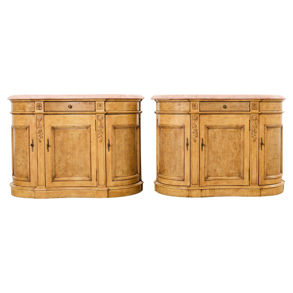 Pair Country French Provincial Marble Top Demilune Sideboards