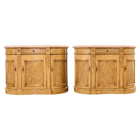 Pair Country French Provincial Marble Top Demilune Sideboards