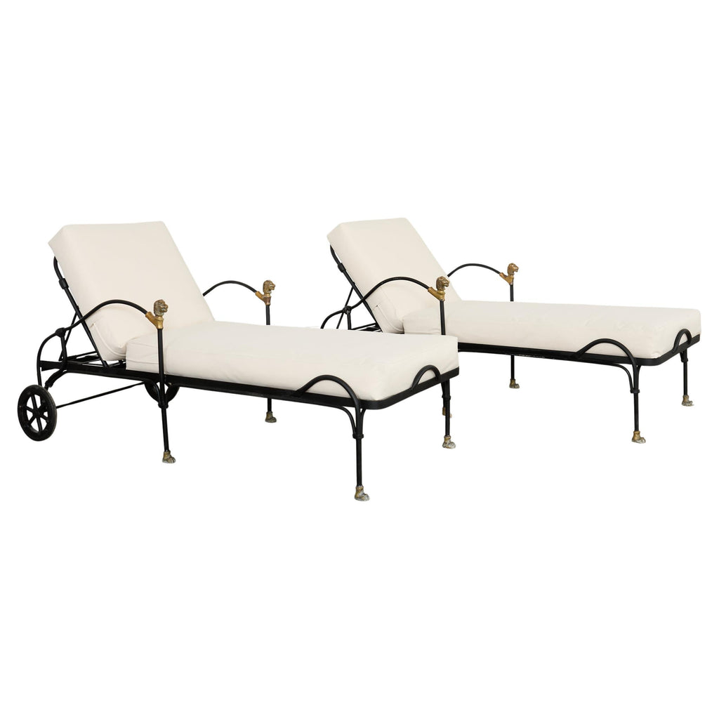 Pair Tetes de Lionnes Bronze Iron Chaise Longues After Giacometti