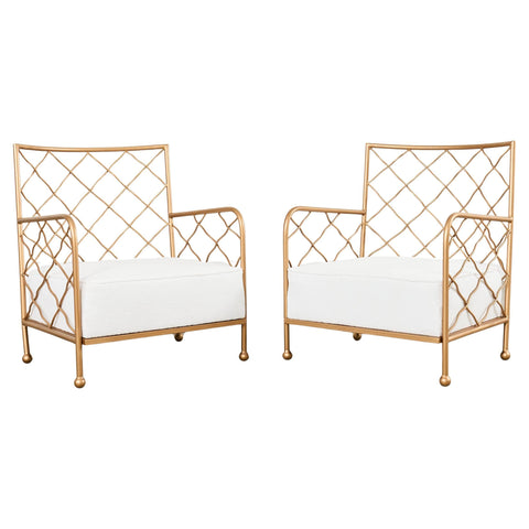 Pair of French Midcentury Gilt Iron Maison Jean Croisilion Armchairs