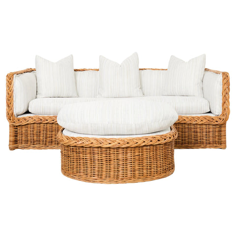Michael Taylor Style Italian Wicker Works Rattan Sofa + Ottoman