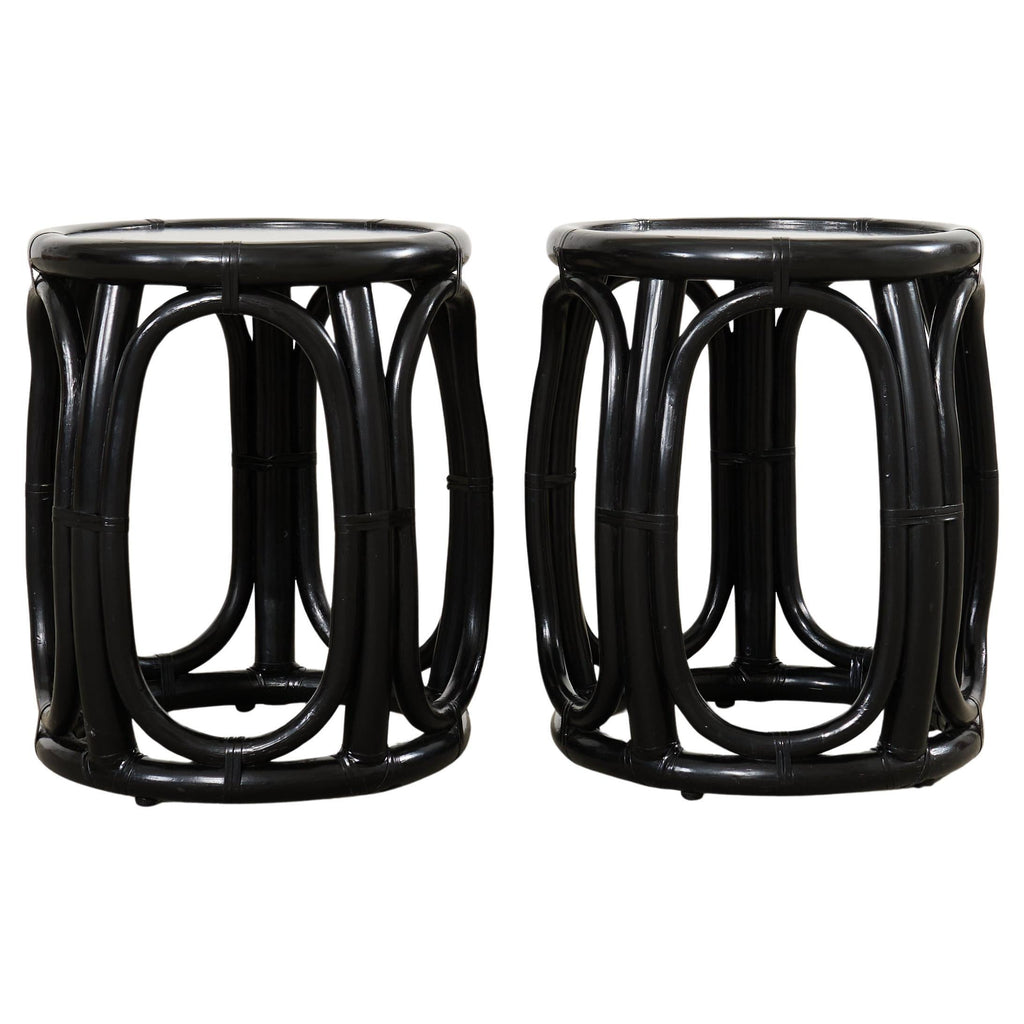 Pair McGuire Lacquered Rattan Taborette Drum Drink Tables