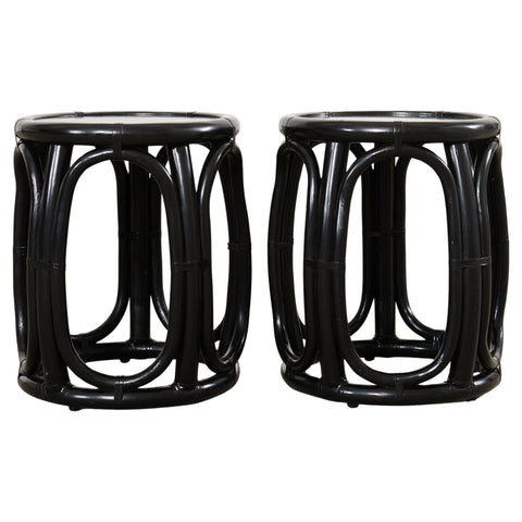 Pair McGuire Lacquered Rattan Taborette Drum Drink Tables