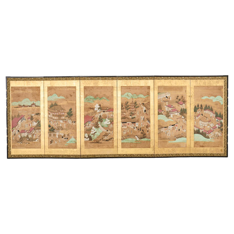 19th Century Japanese Edo Six Panel Screen Scenes of Kyoto