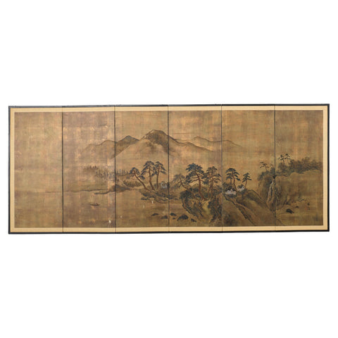 Japanese Showa Six Panel Screen Mountain Landscape