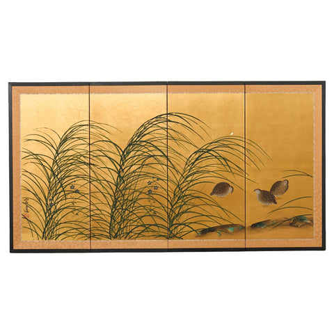 Japanese Showa Four Panel Screen Quail Amid Autumn Grasses